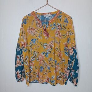 Johnny Was Workshop Effortless Peasant Top Womens L Yellow Floral Balloon Sleeve